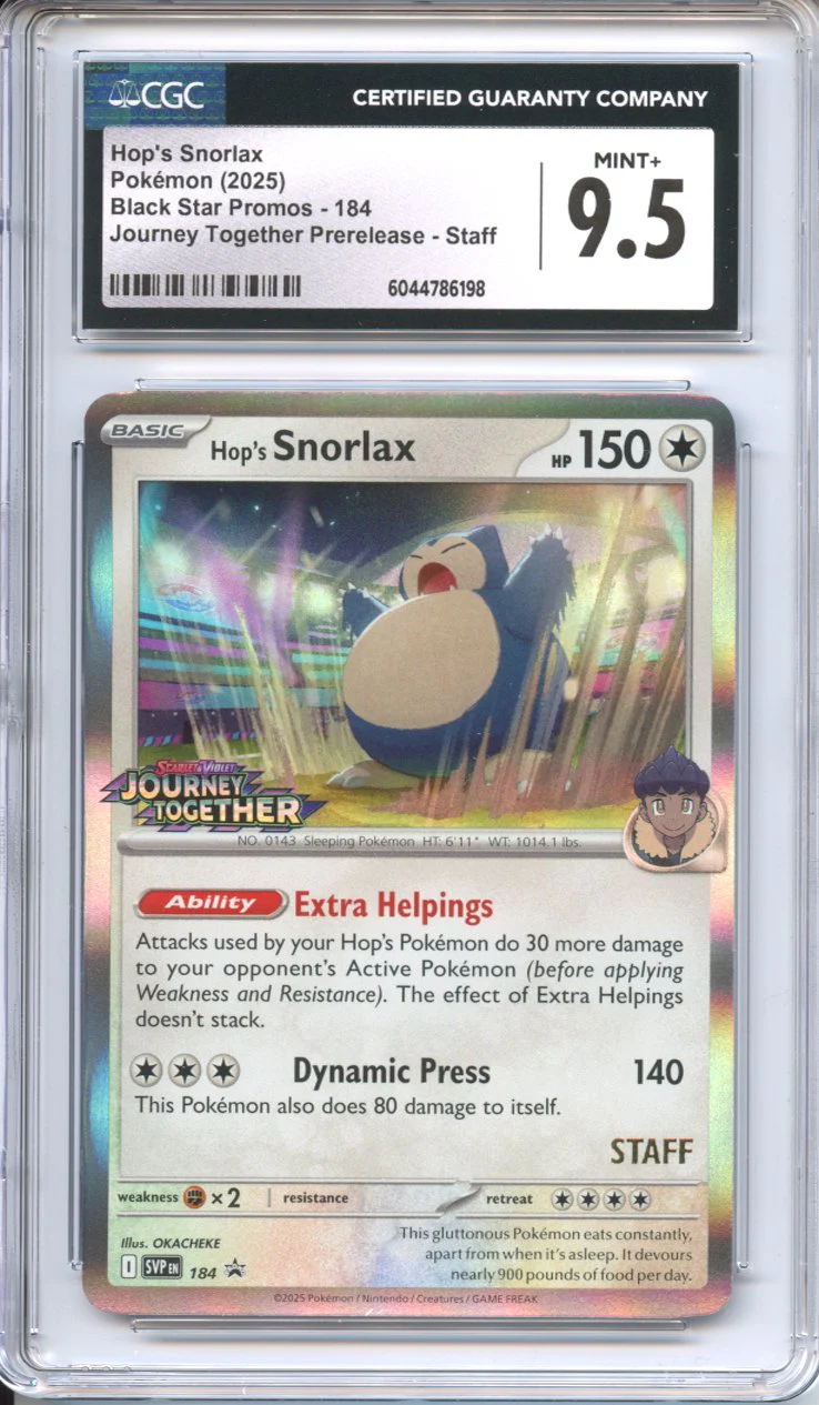 Pokemon Graded: Hop's Snorlax #184 Journey Together STAFF Prerelease Promo (2025) Holo CGC 9.5